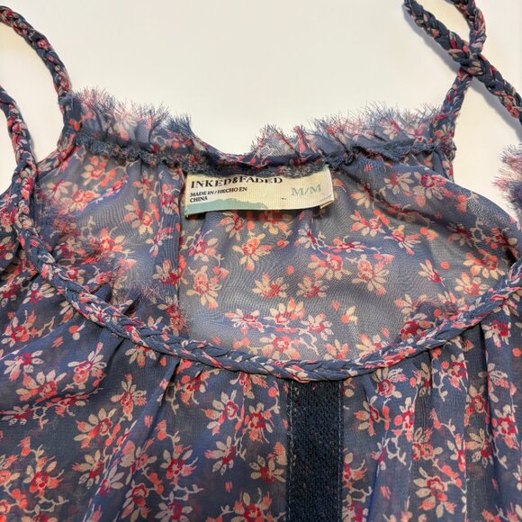 Inked & Faded Womens Ditsy Floral Sheer Spaghetti Straps Top Sz Medium Festival - Picture 2 of 7